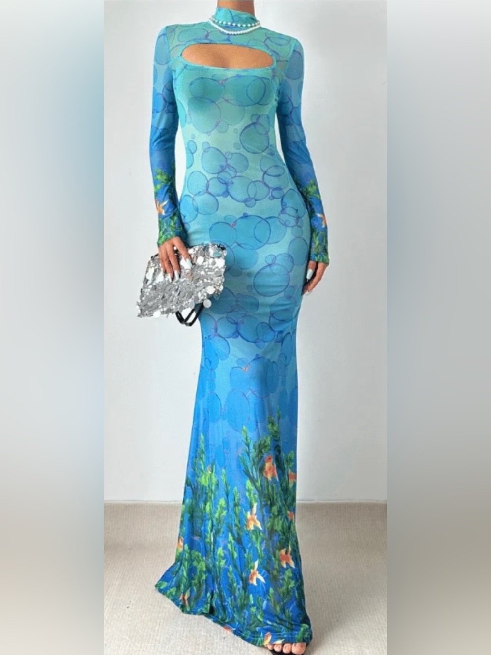 Woman’s Goldfish Aquarium Print Sheer Mesh Maxi Gown Dress